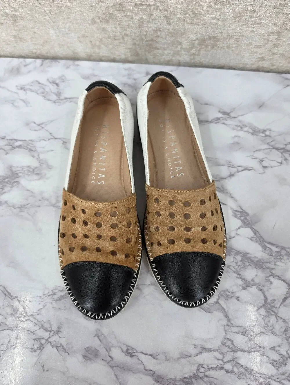 Hispanitas Tan Suede & White Leather Slip-On Flats with Black Toe